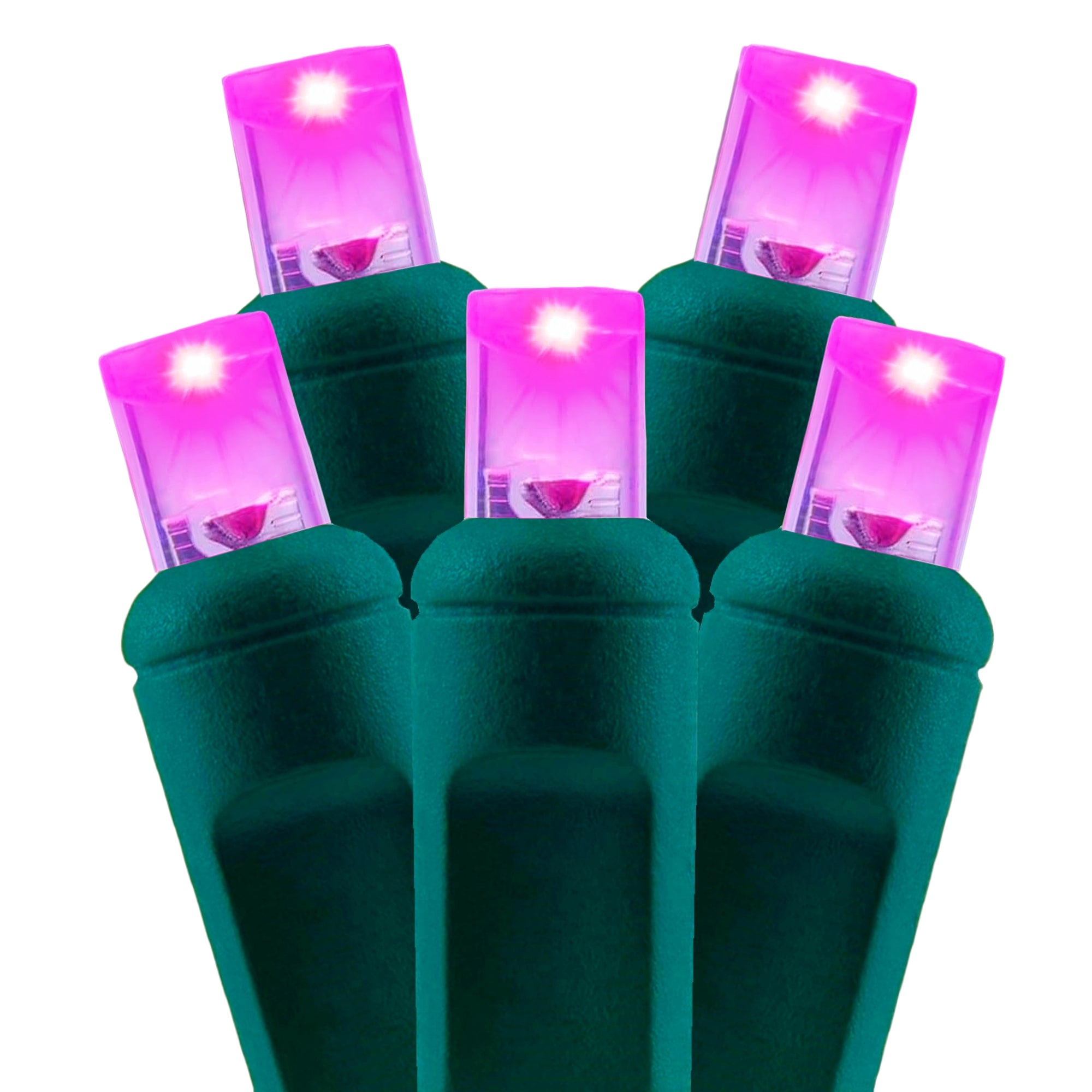 Commercial Grade Pink 5mm Wide Angle LED Christmas Lights on Green Wire