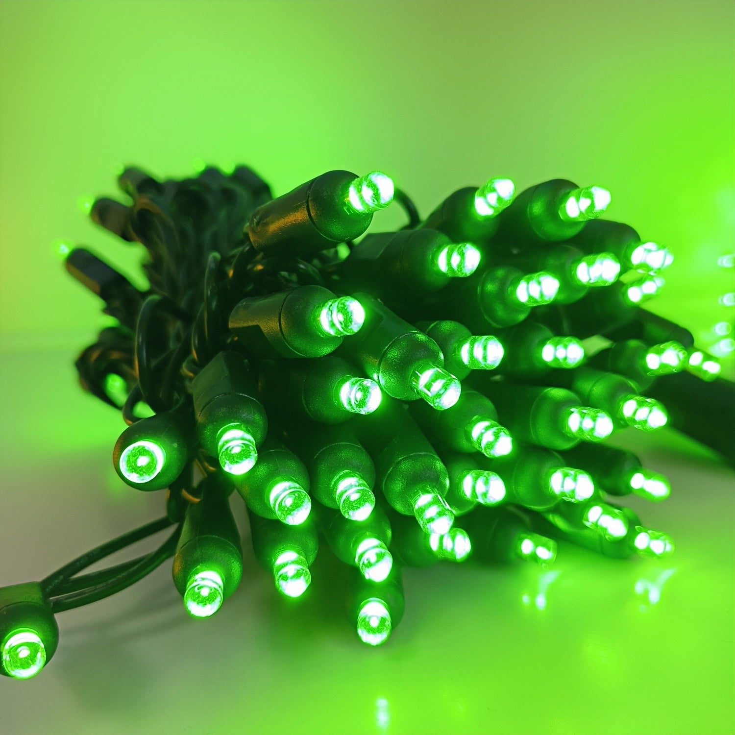 Commercial Grade Green 5mm Wide Angle LED Christmas Lights on Green Wire