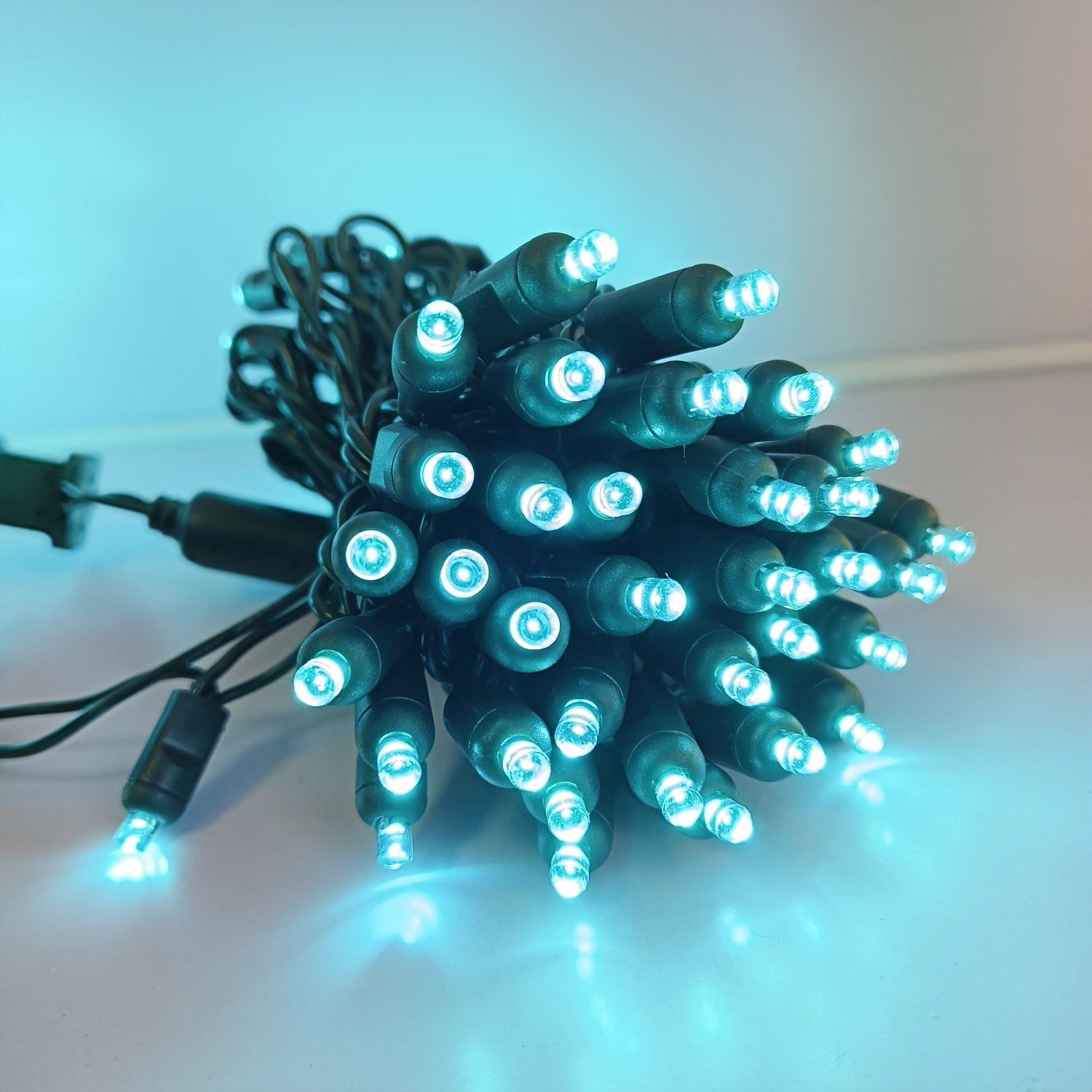 Commercial Grade Teal 5mm Wide Angle LED Christmas Lights on Green Wire