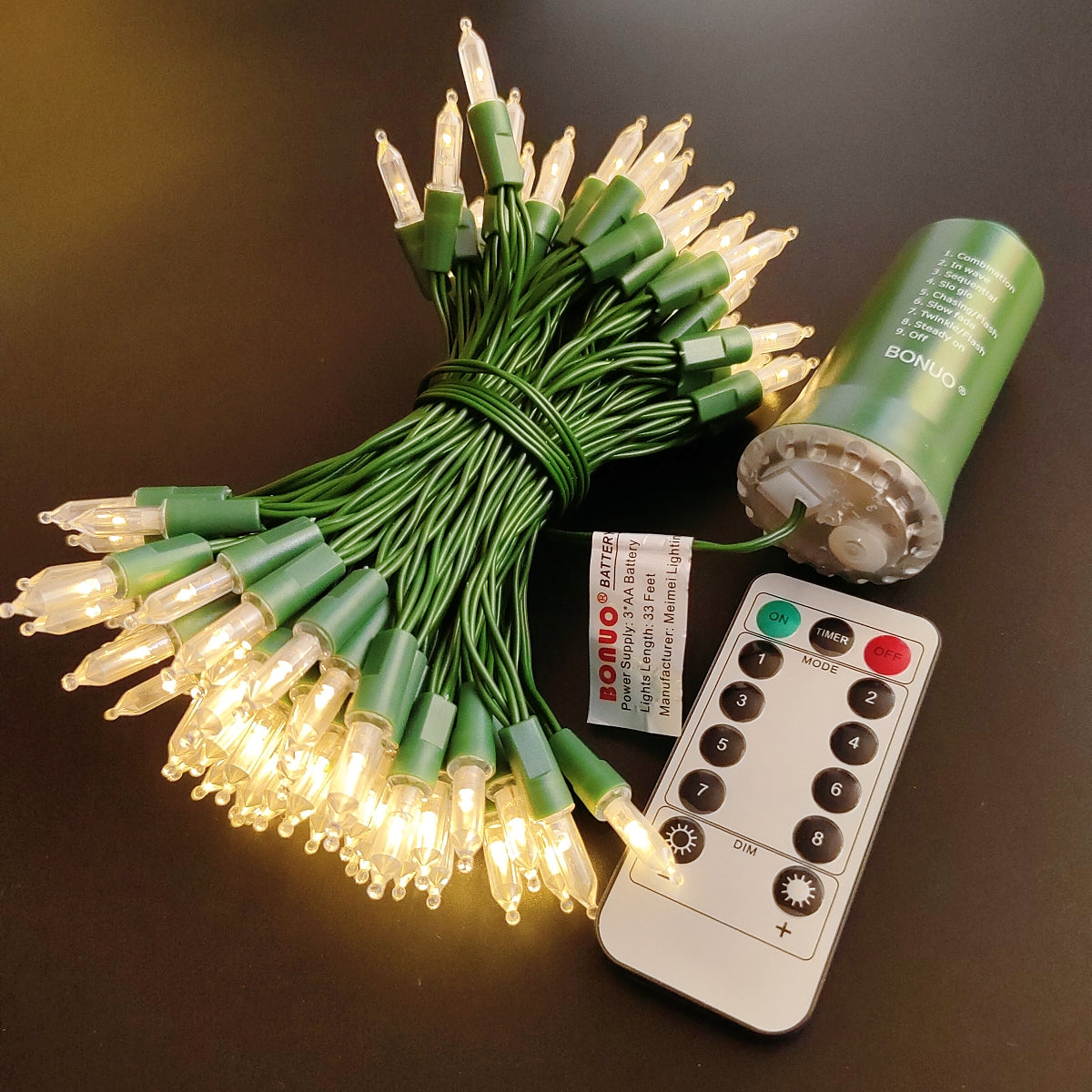 100 Bulbs Warm White Mini LED Christmas Lights Battery Operated with Remote Timer 8 Lighting Modes, Green Wire